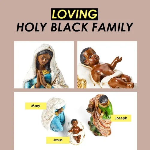Vista 4 de Juego de Belén negro – Figuras de Navidad en miniatura de mesa de la Santa Familia – Juego de 3 figuras de polirresina pintadas a mano – María, José