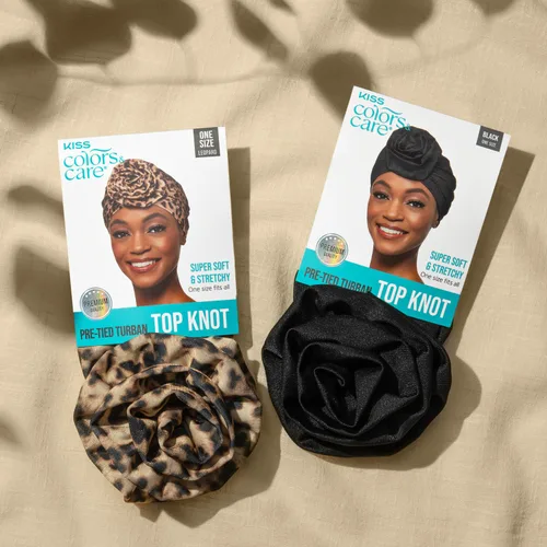 Vista 6 de KISS COLORS & CARE Turbante preatado con nudo superior, negro, elegante, elástico y suave para dormir, máxima protección del cabello, minimiza
