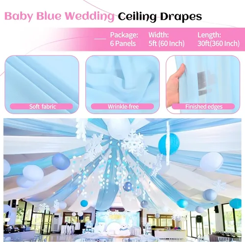 Vista 4 de 6 Paneles de Cortinas de Techo Azul Bebé para Boda, Cortinas de Techo de 5 pies x 30 pies, Tela de Cortina para Arco de Boda, Cortinas Transparentes
