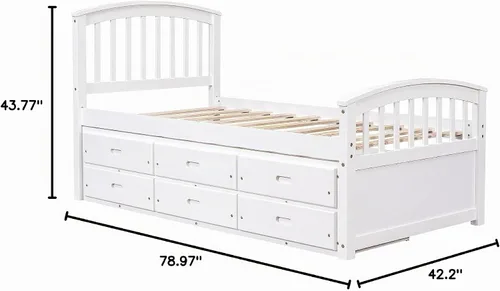 Vista 9 de Merax Cama de almacenamiento de plataforma de madera maciza de tamaño individual con 6 cajones, no necesita somier, color blanco