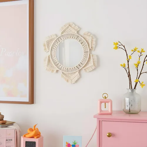 Vista 3 de Mkono - Espejo de pared colgante con flecos de macramé
