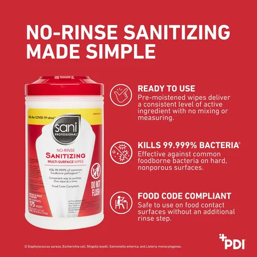 Vista 3 de PDI - Desechables profesionales, Intl.-P66784 Sani-Wipe - Toallitas desinfectantes sin enjuague para contacto con alimentos para superficies duras