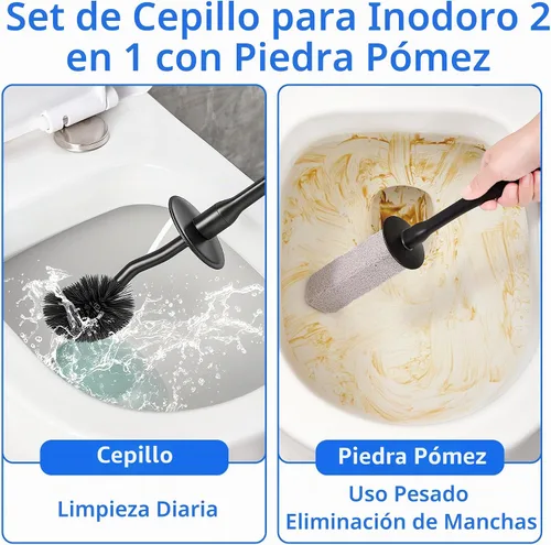 Vista 2 de Juego de escobilla de inodoro y soporte con piedra pómez, combo de cepillo para inodoro Negro