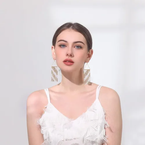 Vista 3 de Aretes bohemios de cuentas de semillas para mujer, hechos a mano, aretes de borla con cuentas para mujer