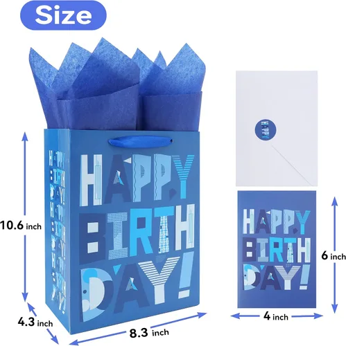 Vista 2 de Paquete de 2 bolsas de regalo azules medianas de 10.6 pulgadas con tarjeta de felicitación y papeles de seda (feliz cumpleaños azul) para fiestas