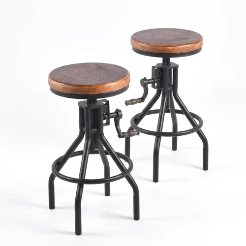 Vista 9 de Taburete industrial de madera para mostrador de granja, altura ajustable con asa, taburete de bar de cocina, color negro, juego de 2
