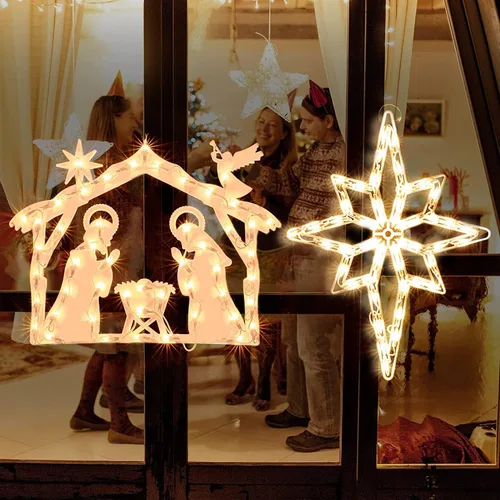 Vista 8 de Marchpower Paquete de 2 luces de silueta de ventana de Navidad, Belén iluminadas y estrella de Belén para decoración de ventanas, luces de ventana
