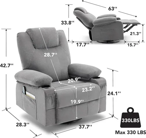 Vista 2 de Mecedora reclinable con masaje y calefacción, silla ergonómica giratoria para sala de estar sofá individual clásico
