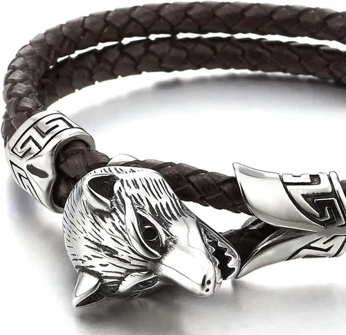 Vista 2 de Pulsera de cabeza de lobo para hombre de acero inoxidable con cuero trenzado genuino