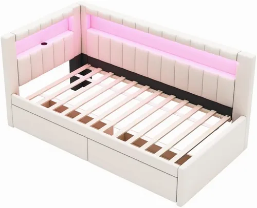 Vista 6 de Sofá cama tapizado de tamaño individual con puertos USB y luces LED, cama esquinera con 2 cajones y cabecera en forma de L, cama esquinera suave