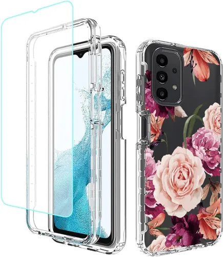 Vista 9 de Funda para Samsung Galaxy A23 SM-A235M con protector de pantalla de vidrio templado, cuerpo completo, diseño floral, a prueba de golpes, funda
