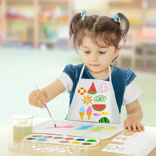 Vista 6 de Morcheiong Juego de delantales para niños de 36/72 piezas, delantales de pintura para niños con bolígrafo de colores y plantilla de manualidades