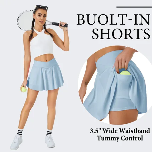 Vista 4 de Falda de tenis para mujer con bolsillos, pantalones cortos cruzados de cintura alta, faldas atléticas para golf, correr, entrenamiento