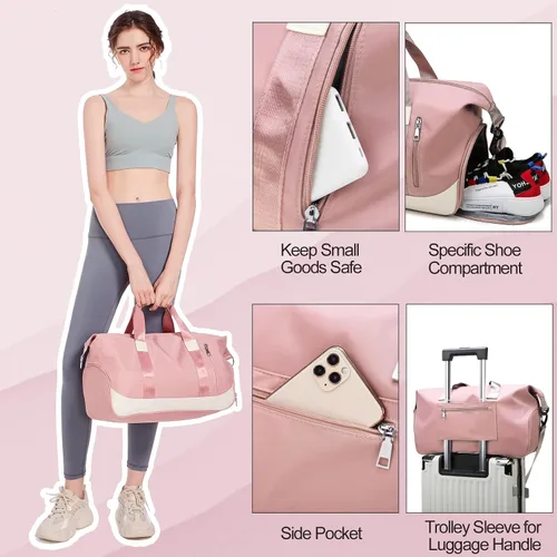 Vista 3 de Bolsa deportiva para gimnasio, bolsa de viaje con bolsillo húmedo y compartimento para zapatos, bolsa de fin de semana para mujeres y hombres, Rosado