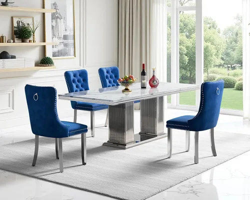 Vista 10 de Juego de mesa de comedor de mármol para 4, mesa de cocina rectangular de mármol negro de 68 pulgadas con base en H de acero inoxidable dorado, juego