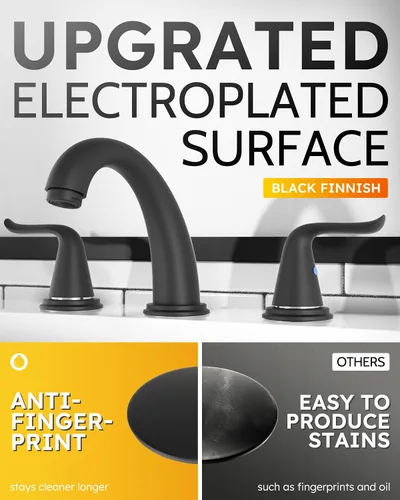 Vista 4 de WOWOW Grifo de Baño Extendido - 3 Orificios, Negro, Centro de 8 Pulgadas, Doble Manija, Arco Alto, Grifo de Lavabo con Ensamble de Drenaje Pop-Up