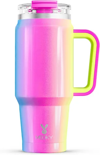 Vista 17 de Meoky Vaso de 40 onzas con asa y pajita, vaso aislado con tapa y popote, taza de viaje de acero inoxidable, mantiene el frío durante 34 horas, 100%