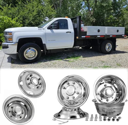 Vista 17 de Juego de simuladores de rueda de acero inoxidable pulido de 16 pulgadas para doble rueda, compatible con Dodge, Mercedes y Freightliner Sprinter Van