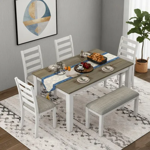 Vista 9 de LUMISOL Farmhouse - Juego de mesa de comedor de 6 piezas con banco, marrón + blanco lavado