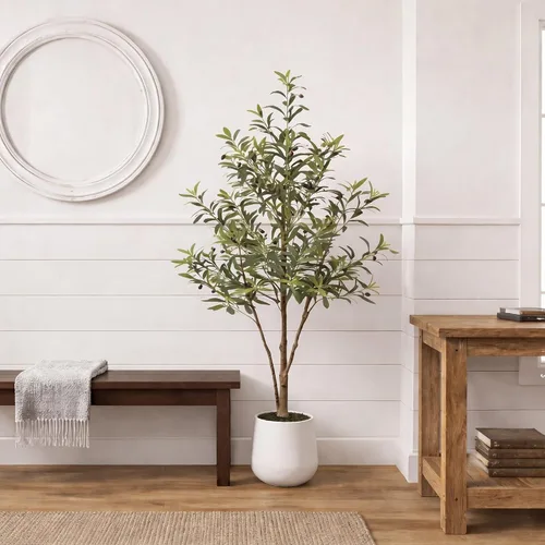 Vista 2 de Nearly Natural 4 ft Artificial Olive Tree in White Decorative Planter