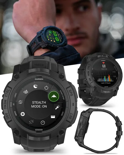 Vista 3 de Garmin Instinct 3 Edición Táctica, pantalla AMOLED, 50mm, Smartwatch GPS resistente para exteriores, soporte de balística aplicada, linterna LED