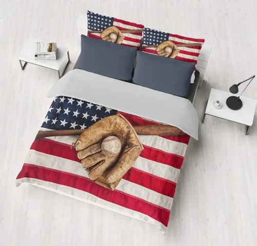 Vista 6 de Juego de ropa de cama de béisbol para niños, juego de edredón de bandera estadounidense con temática deportiva, tamaño individual, decoración