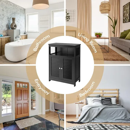 Vista 9 de COSTWAY Armario de almacenamiento para baño, organizador de almacenamiento lateral de madera con puertas de rejilla y estante extraíble, gabinete