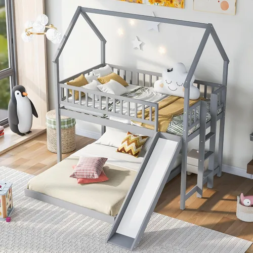 Vista 34 de Cama de Casa Tamaño Twin con Elegantes Ventanas y Estantería, Marco de Litera con Diseño de Castillo de Madera con Barandillas de Seguridad