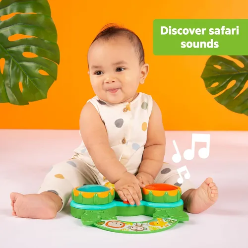 Vista 3 de Bright Starts Set de Regalo Safari Sounds, Paquete de 2 Juguetes para Bebé para Llevar, Juguete Musical de Tambor y Juguete de Llaves de Carro