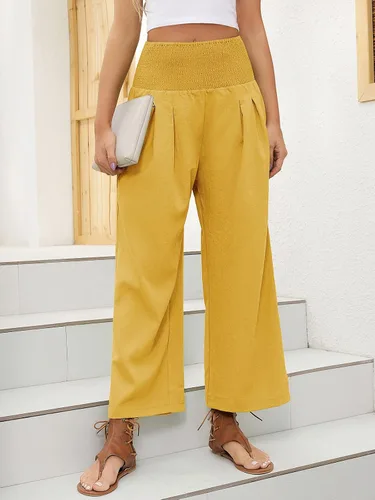 Vista 4 de QIANXIZHAN Pantalones cortos de pierna ancha para mujer, pantalones palazzo de cintura alta, pantalones de verano bohemios fluidos para la playa