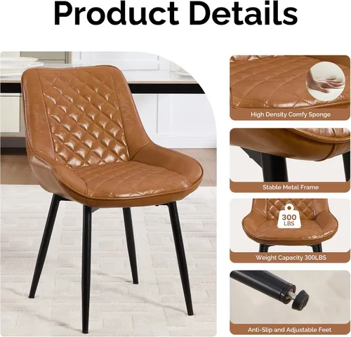 Vista 5 de Silla de Comedor, Sillas de Comedor Modernas con Cojines Gruesos, Sillas de Comedor y Cocina Tapizadas en Cuero Sintético con Patas Metálicas Marrón