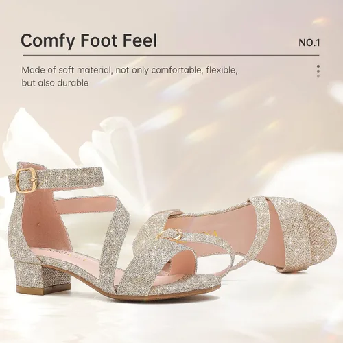 Vista 3 de Sandalias para niñas, tacones para niños, puntera abierta, correa al tobillo, zapatos de vestir, flores para boda, fiesta para niños pequeños