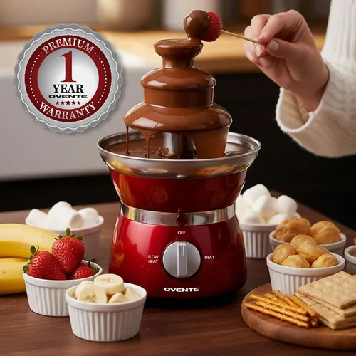 Vista 8 de OVENTE Máquina de fuente de fondue de chocolate de 3 niveles, mini calentador eléctrico de acero inoxidable para fiestas, queso derretido, licores
