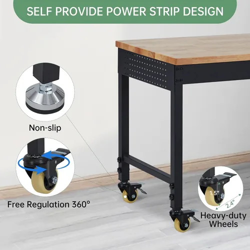 Vista 6 de Work Bench for Garage, 48" Adjustable Workbench with Power Outlets, Wheels, 2000 LBS Load Capacity, Heavy Duty Rubber Wood Top for Garage