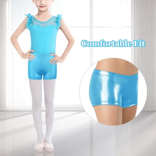 Vista 3 de SEAUR - Pantalones cortos para niñas para danza, metálicos y brillantes, pantalones cortos de ballet ajustados para gimnasia atlética, pantalones