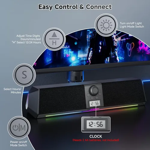 Vista 4 de SOULION R80 Altavoces de computadora Bluetooth, USB Plug & Play Altavoces de PC con pantalla de reloj digital, barra de sonido transparente