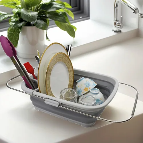 Vista 7 de SAMMART Escurridor de platos plegable expandible de 8L (2.11 galones), estante de secado plegable, organizador de vajilla portátil, bandeja de Gris