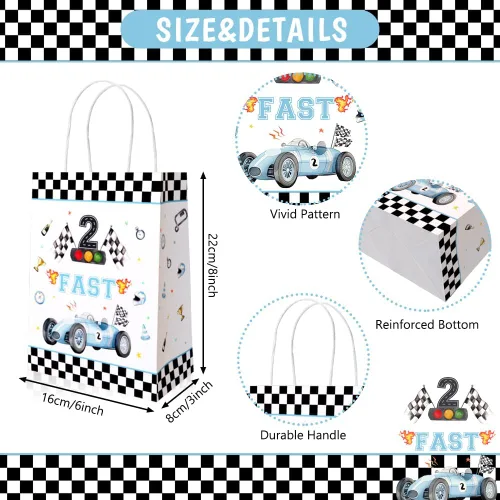 Vista 2 de AIBIIN 24 bolsas de regalo de segundo cumpleaños con asas, color azul polvoriento, coches de carreras a cuadros, recuerdos de fiesta de auto