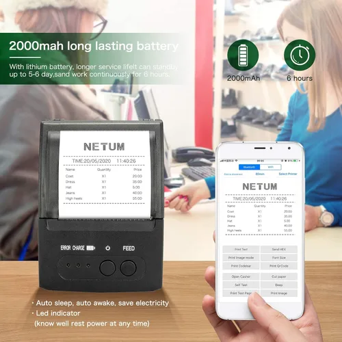 Vista 5 de NETUM Impresora de Recibos Bluetooth, Impresora Mini Térmica Portátil de 58mm POS, Compatible con Android/Windows
