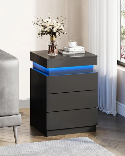 Vista 8 de WLIVE Mesita de noche con estación de carga y luces LED, moderna mesita de noche con 3 cajones y parte superior deslizante, mesa auxiliar con Negro