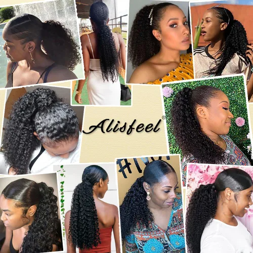 Vista 6 de Extensiones de cola de caballo con correa de cabello humano rizado, 100% cabello brasileño sin procesar, cola de caballo, pasta mágica con clip