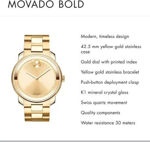 Vista 2 de Movado Reloj BOLD Metals de oro amarillo con esfera índica impresa, oro (modelo 3600258), Acero iónico chapado en oro, Bold - 3600258