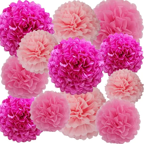Vista 9 de 12 pompones de papel de seda azules para colgar, pompones de flores para decoración de fiesta de techo