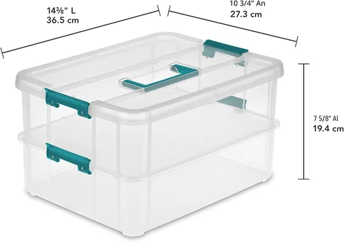 Vista 2 de Sterilite 1427CLR Stack & Carry - Caja de 2 capas, tapa transparente y mango azul, capas transparentes