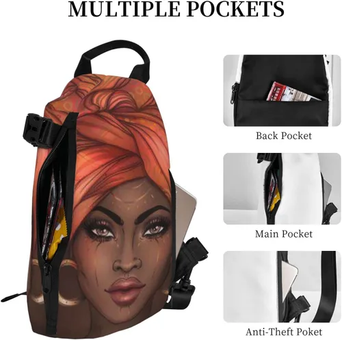 Vista 4 de Mochila cruzada con patrón de niña afroamericana, bolsa de hombro cruzada para hombres y mujeres, viajes, senderismo, al aire libre, Negro