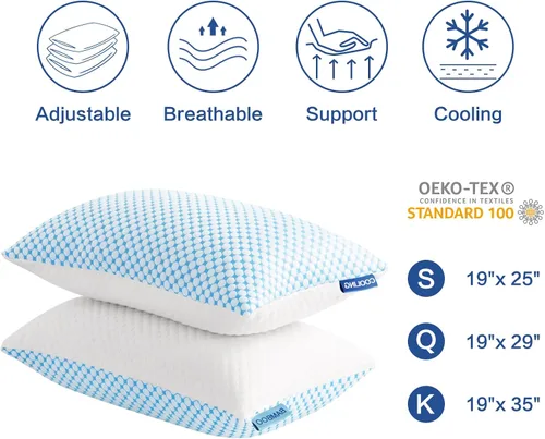 Vista 5 de EASELAND - Almohada firme de espuma viscoelástica triturada (ajustable), transpirable y refrescante para dormir, tamaño estándar, paquete de 2