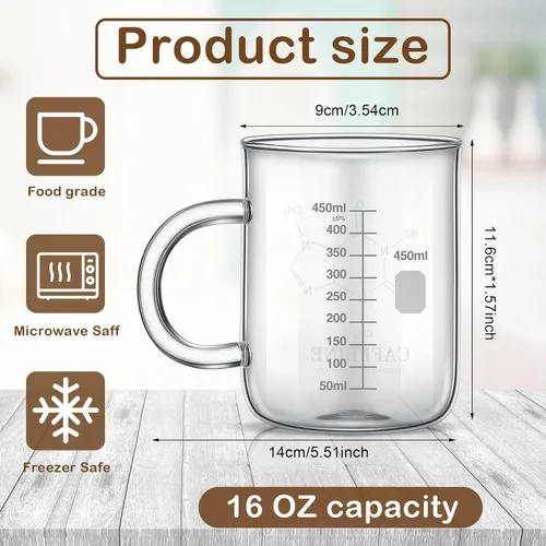 Vista 2 de Hsei 1 paquete de 16 oz taza de taza de cafeína molécula de cafeína con asa vaso graduado taza de café taza de café de vidrio borosilicato taza