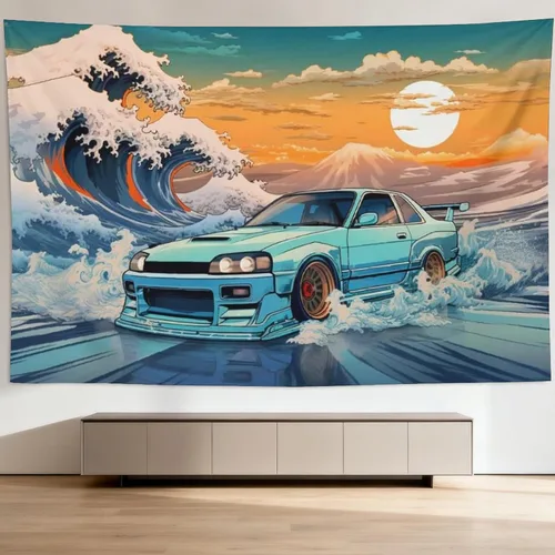 Vista 10 de QEOPGNE Tapiz de pared grande Jdm Anime Sunset Japanese Car S13, tapiz de pared para dormitorio, sala de estar, decoración estética, tapices de 30 x