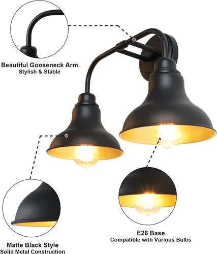 Vista 3 de 18-Inch 2-Light Farmhouse Bathroom Vanity Light Over Mirror, Black