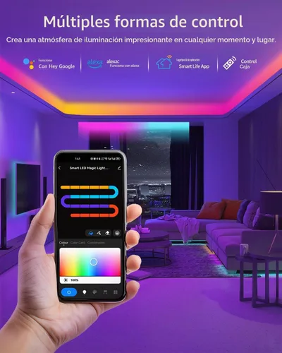 Vista 5 de Tira de luces LED RGB+IC, luz LED Bluetooth inteligente para dormitorio, tiras LED que cambian de color con 44 modos de escena (6.6 pies)